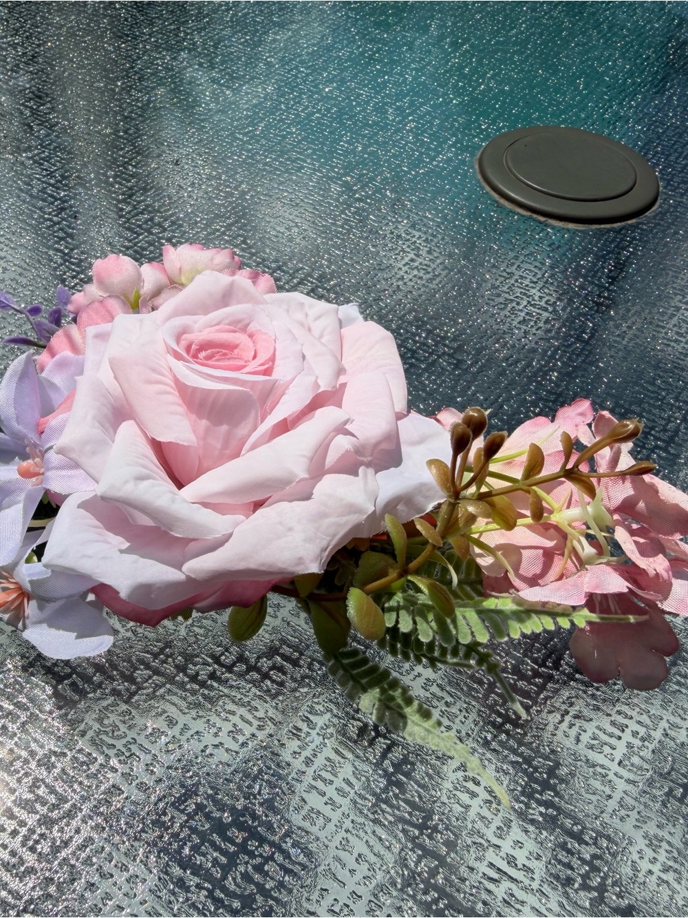Source Unknown Pastel Pink Rose Hairpiece with Green Accents